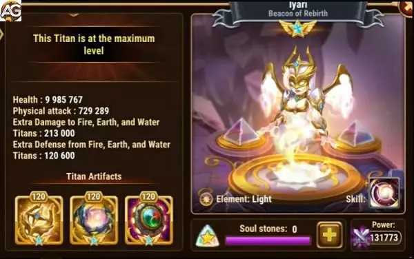 Titan Iyari with default skin, Hero Wars Alliance.